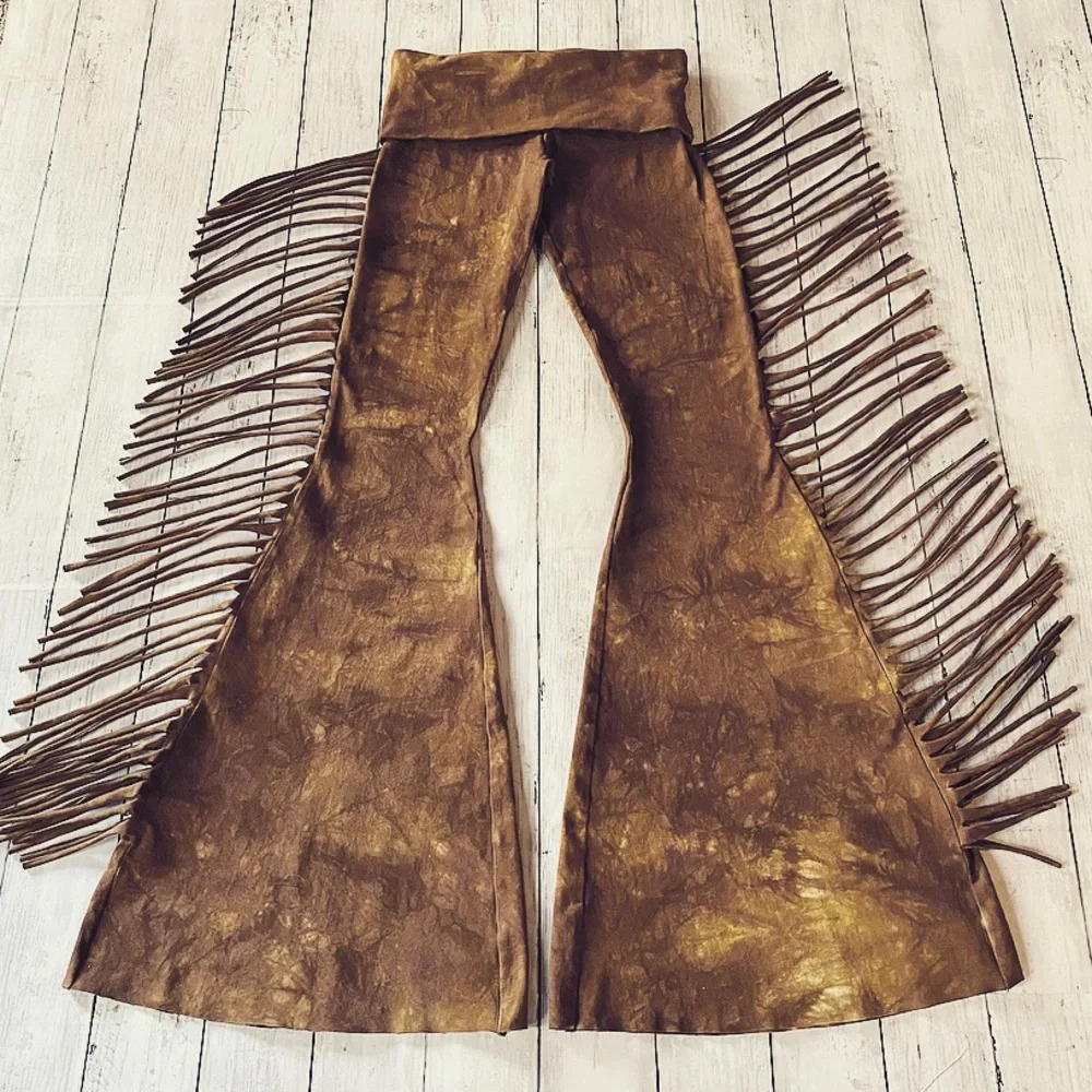 PETITE LENGTH Hip Hugger Fringe Bell Bottoms in SADDLE TIE DYE Boho Flares Pants - Picture 10 of 10